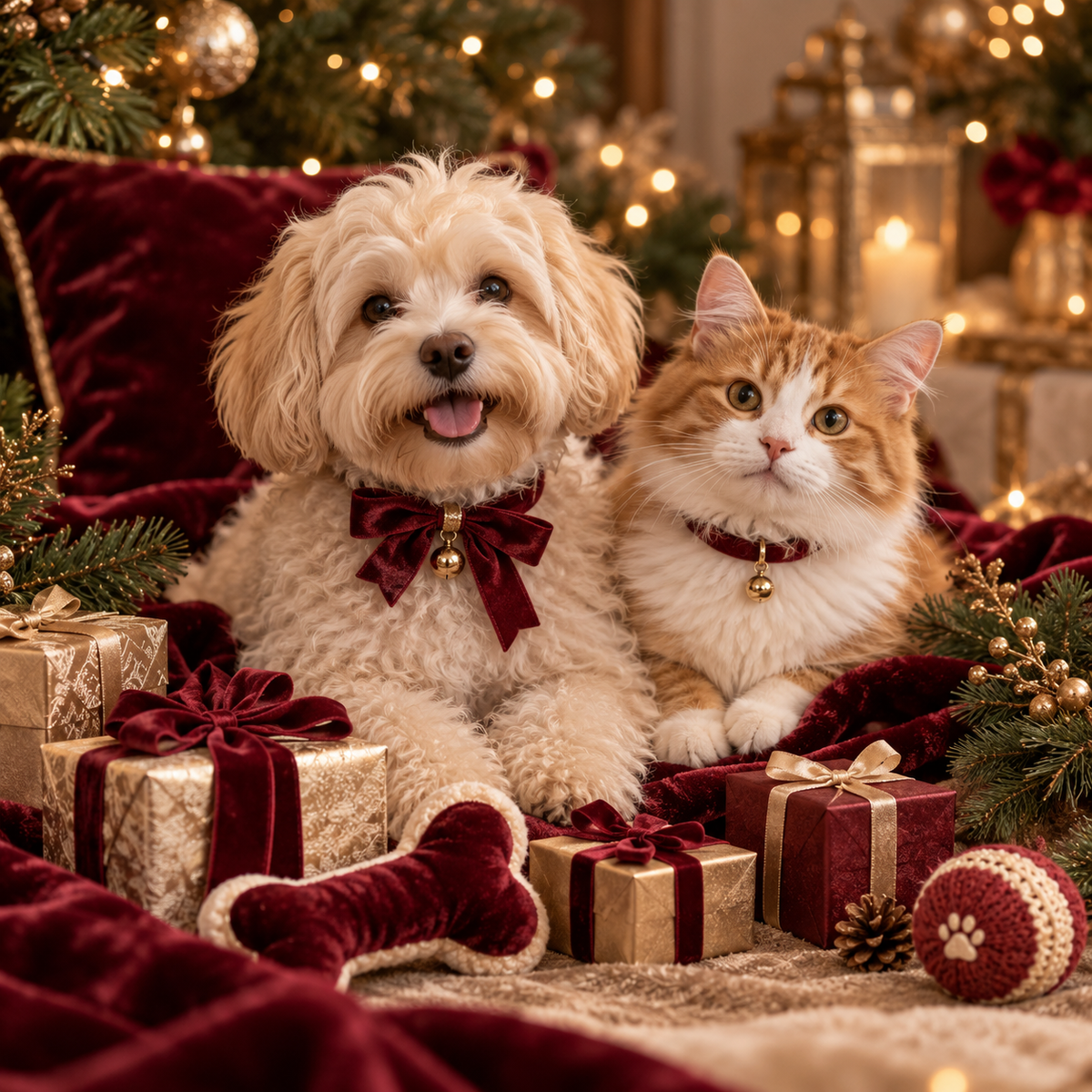 Christmas gifts for pets, a dog and cat beside wrapped presents