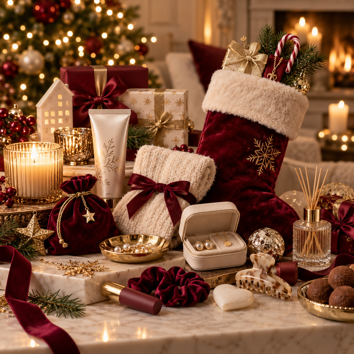 Christmas stocking with small gifts in burgundy and cream